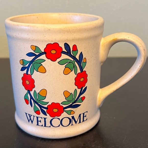 Vintage Otagiri WELCOME Stoneware Floral Wreath Coffee Tea Mug - Picture 1 of 8